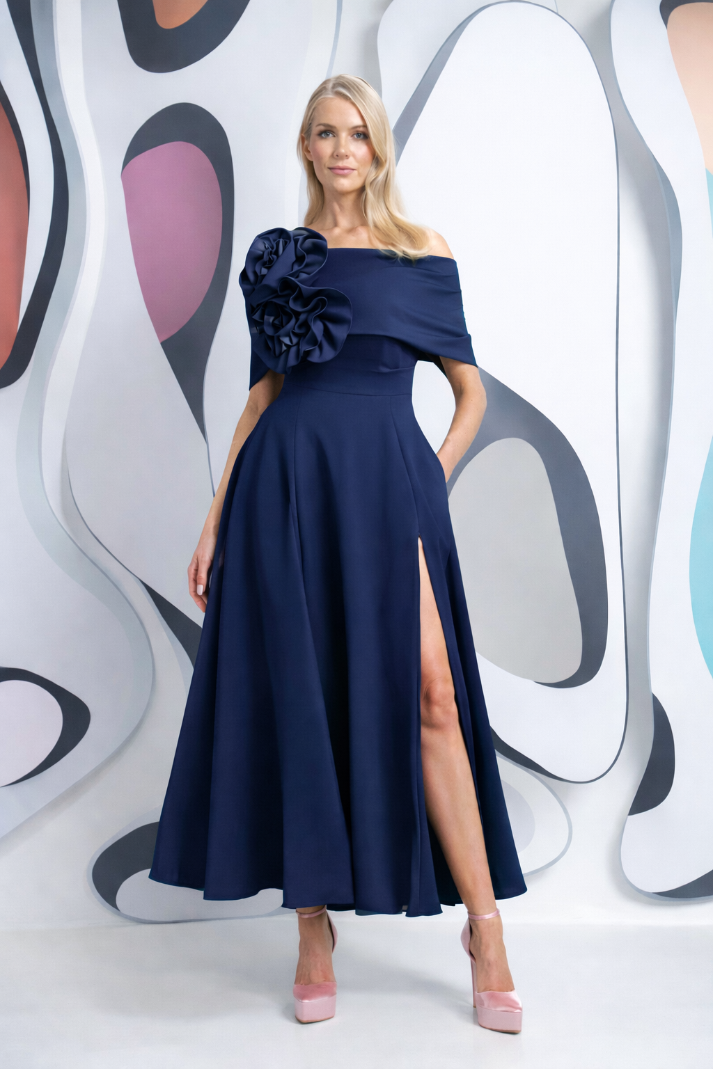 slim fit dress slacks Kevan Jon Kyoto Bardot Corsage Flare Midi Dress, Red
