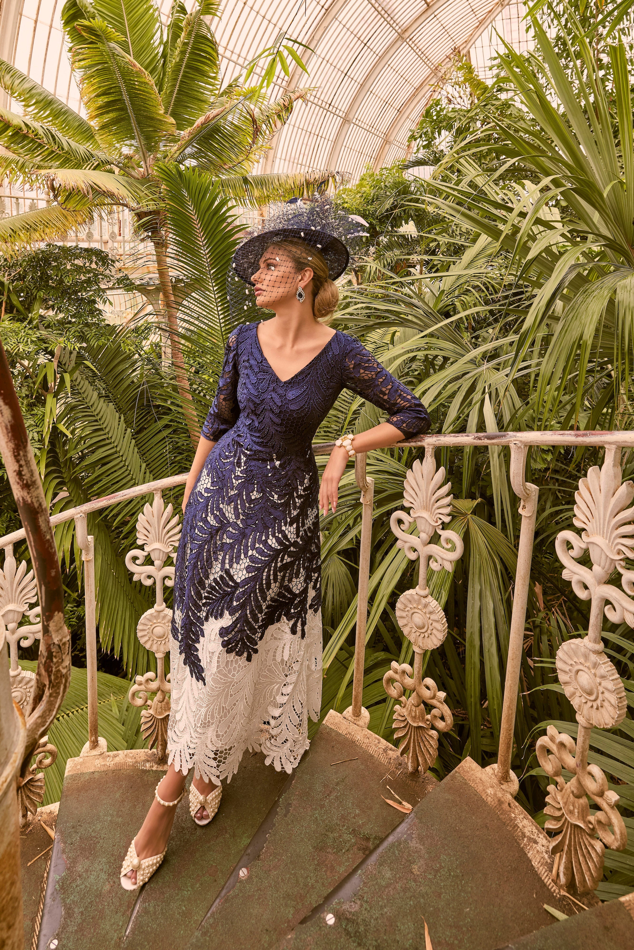 navy and cream mother of the bride dress Dark Navy A-Line mother of bride 2022 with Chiffon Lace Applique, V-Neckline, and Long Sleeves