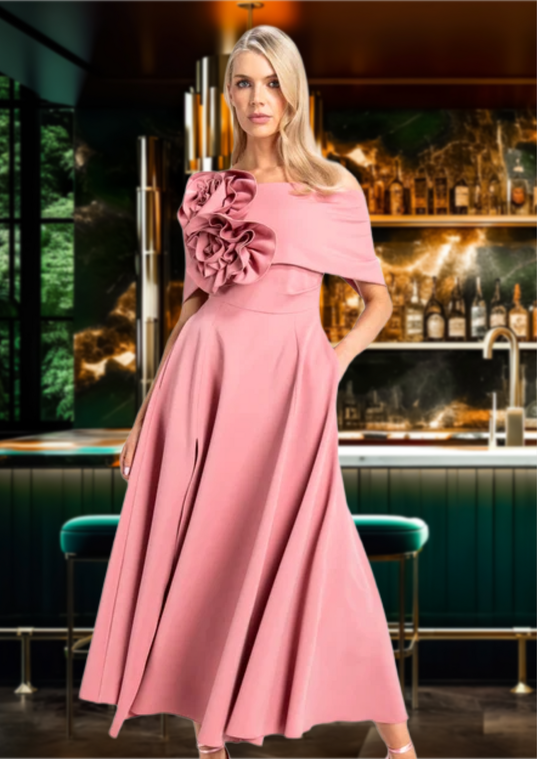 green emerald velvet dress Kevan Jon Kyoto skater flare dress hot pink – Deja Elite Boutique main image 0