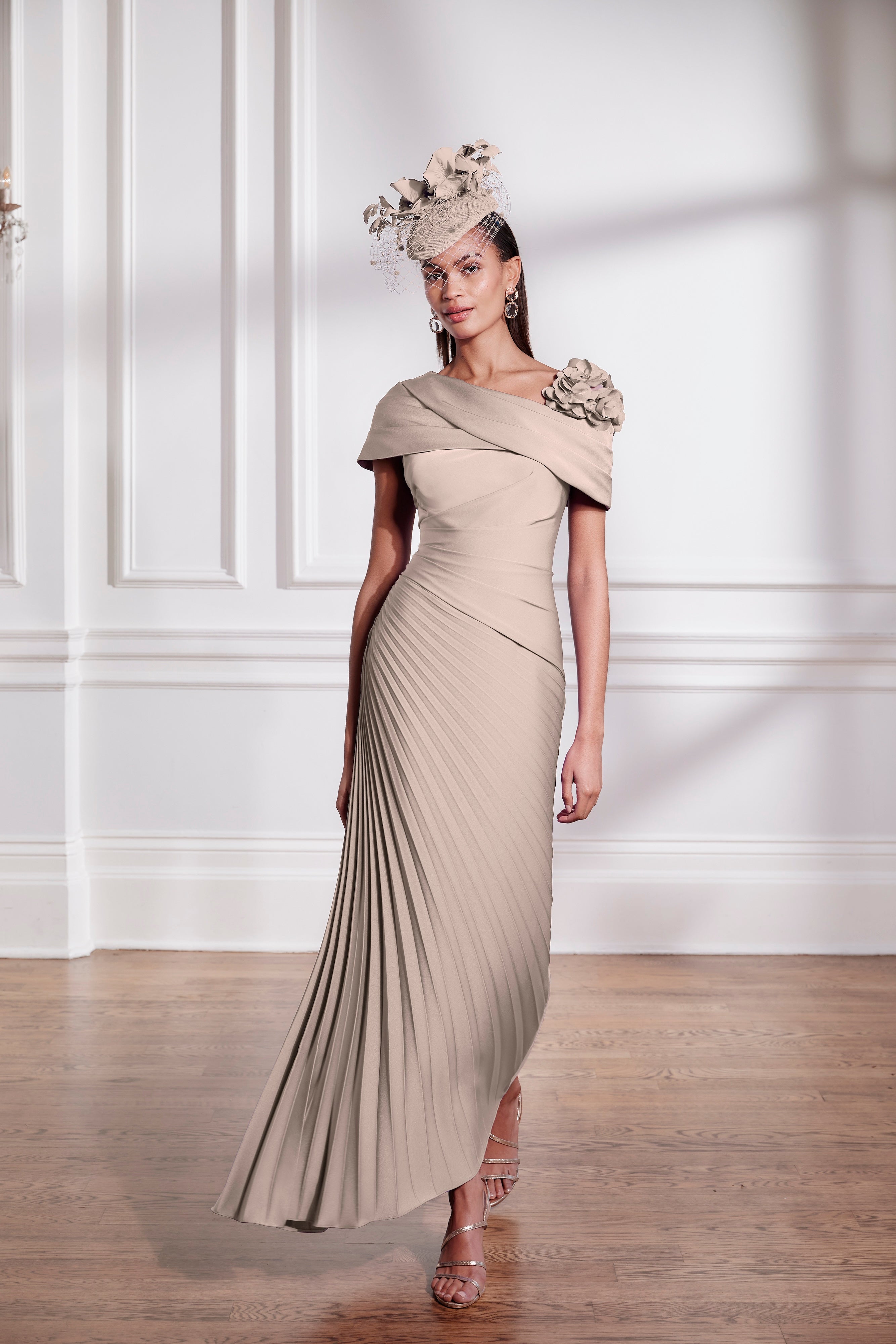 beige mother of bride dresses Beige One Shoulder Pleated Long Mother of the Bride Dress with Slit Modsele