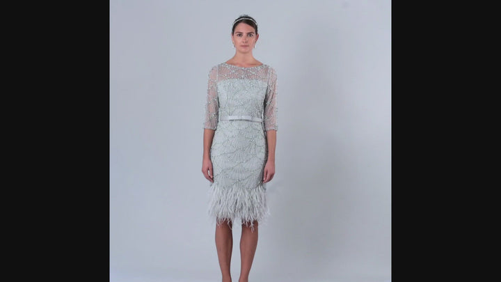 Gill Harvey 7000 - Silver dress with feather hem and beaded bodice