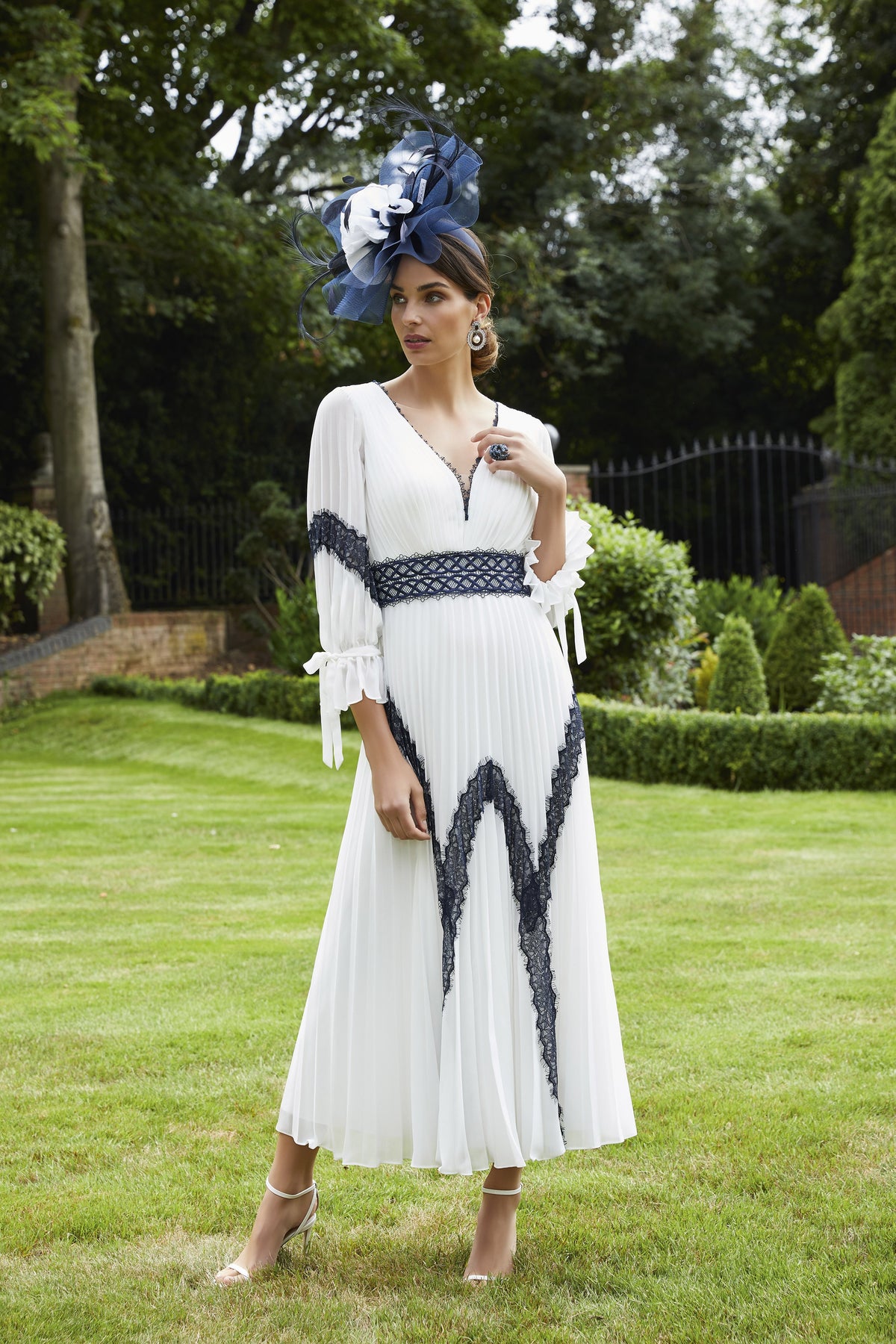 Veni Infantino 991713 Pleated chiffon ivory and navy dress Nigel Rayment Boutique